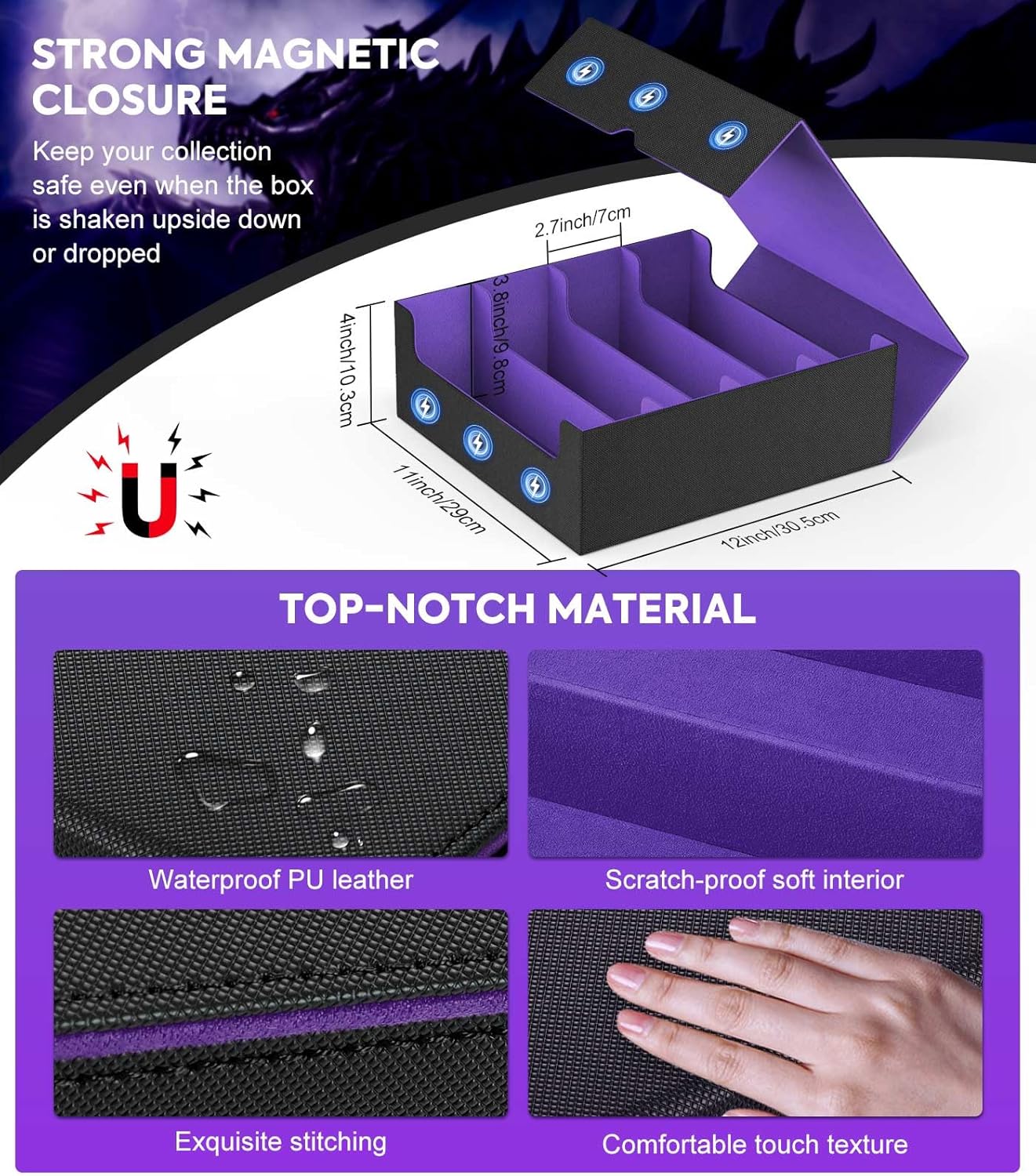 MoKo Trading Card Storage Box, 3000+ MTG Deck Box with 24 Colorful Dividers & 4 Card Supporters, Commander Card Deck Case Fits for Magic Game Cards, YugiOh, TCG, PTG and Sport Cards, Black Purple