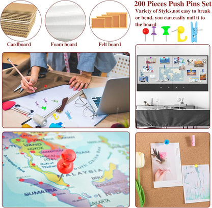 200 Pieces Push Pins Set, Thumb Tacks Multicolor Pushpin Clips Decorative Push Pins for Cork Board, 5 Style for Bulletin Boards Wall Maps Pictures Office Home Supplies