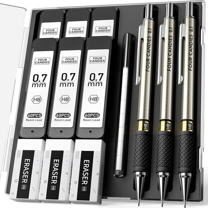 Four Candies Metal Mechanical Pencil Set - 3PCS 0.7mm Art Mechanical Pencils & 360PCS HB Lead Refills & 3PCS Erasers & 9PCS Eraser Refills, Drawing Mechanical Pencils for Writing, Sketching-With Case