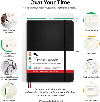 Purpose Planner B5 Undated Monthly Weekly Daily Productivity Journal 2024 Life Health Goal Setting Business Tool for Professionals Moms Academic Student Organizer Notebook (7.5”x9.8” Black Softcover)