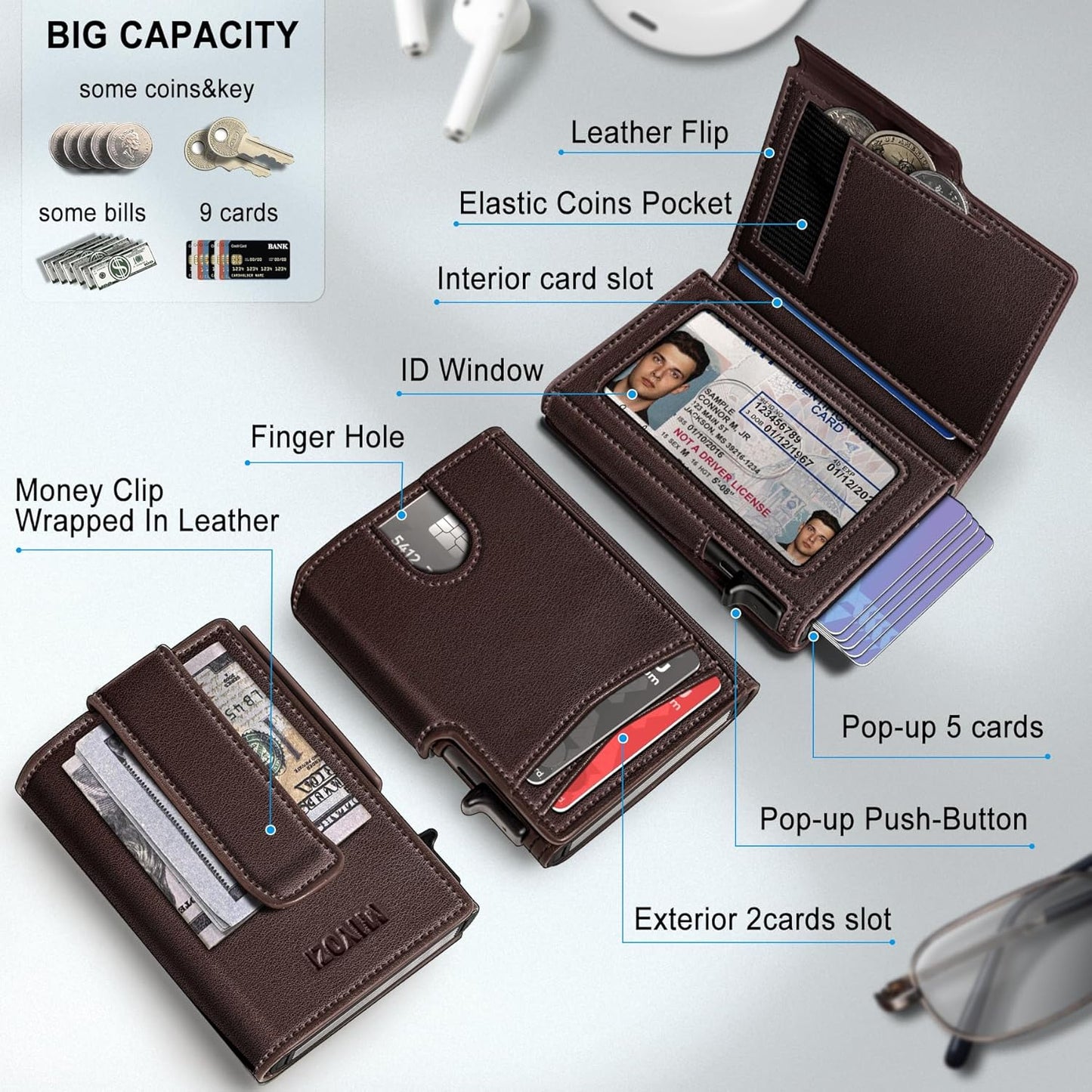 Men Wallet,with Money Clip Coins Pocket ID Window,Slim Front Pocket RFID Blocking Pop-up Card Holder 3.9"x 2.7", Gift Boxed