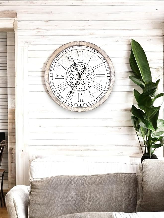Large Decorative Vintage Worn Wall Clock - Big Farmhouse, Rustic, Coastal Decor - 25 inches for Living Room or Bedroom - Battery Operated