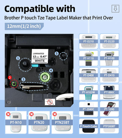 MarkDomain Label Maker Tape Refills Compatible with Brother P-Touch Label Tape 12mm 0.47 Laminated White TZe Tz TZe-231 TZ231 Ptouch PT-D210 PT-H110 PT-D220 PT-1880 1/2" Black Ink on White, 6 Pack