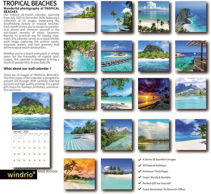 2026 Wall Calendar,Calendar 2026, July 2025 - December 2026, Wall Calendar Tropical Beaches, 12" x 24" Opened,Full Page Months Thick & Sturdy Paper for Calendar Organizing & Planning