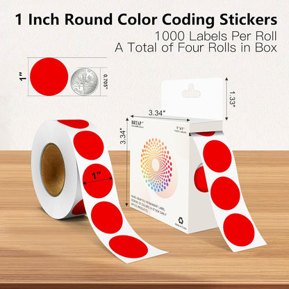 Red 1 Inch Round Color Coding Labels with 4000 Dots, 4 Rolls - Bright Color Dot Stickers for File Folders, Inventory System - Highly Visible