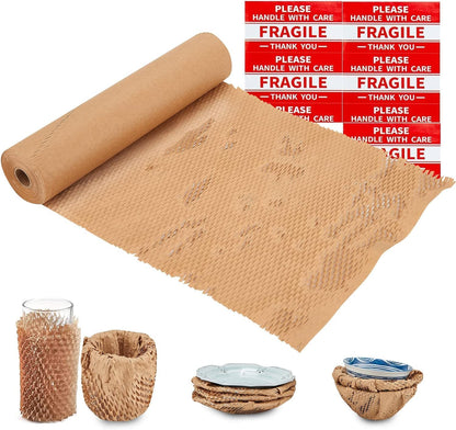 Honeycomb Packing Paper, 15"x300' Honeycomb Cushioning Bubble Wrap Paper Roll for Moving Shipping Breakables Packaging Gifts with 20 Fragile Sticker Biodegradable & Fully Recyclable Brown Kraft