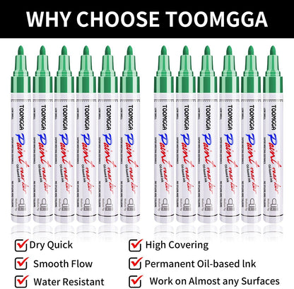 Green Permanent Paint Pens Paint Markers - 12 Pack Oil Based Markers, Quick Drying and Waterproof Marker Pen, Car Tire, Metal, Rock Painting, Wood, Fabric, Plastic, Canvas, Mugs