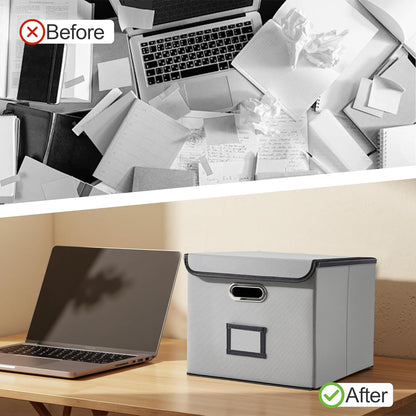 File Organizer Box, Linen Filing Organizer with Lid, Large Desktop File Boxes, Light Grey,1 Pack