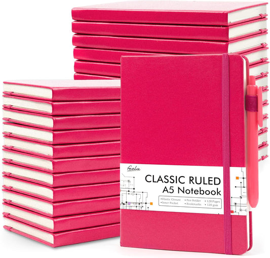 feela 24 Pack Journal Notebook for Work, Business Notebook Bulk Hardcover Lined Writing Journal with Pen Holder for Men Women Note Taking, with 24 Black Pens, 120 GSM, 5.1”x8.3”, A5, Berry