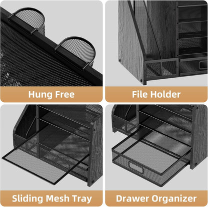 Marbrasse Desk Organizer with File Holder, 5-Tier Paper Letter Tray Organizer with Drawer and 2 Pen Holder, Mesh Desktop Organizer and Storage with Magazine Holder for Office Supplies (Wood-Black)