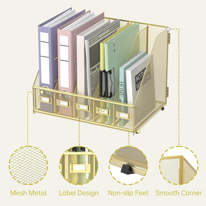 SUPEASY Desk Organizers Metal Desk Magazine File Holder with 5 Vertical Compartments Rack File Organizer for Office Desktop, Home Workspace, Gold Plus