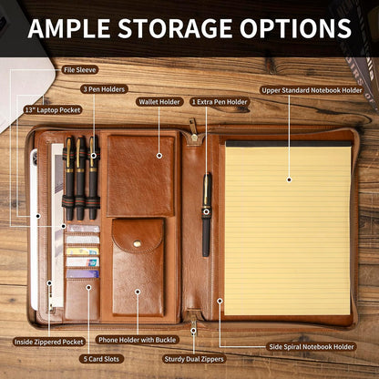 Personalized Genuine Leather Portfolio with Front Pocket for Men and Women, Custom Engraved Zippered Padfolio Binder for 8.5 x 11 Legal Pad Notebook, Professional Laptop Case, Brown, Oil Tanned