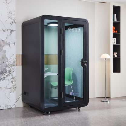GEARONIC Mobile Office Pod Booth, Sound Proof Booth for Home, Mobile Roller with Desk, LED Light, Fans and AC USB Ports (Black Obsidian)