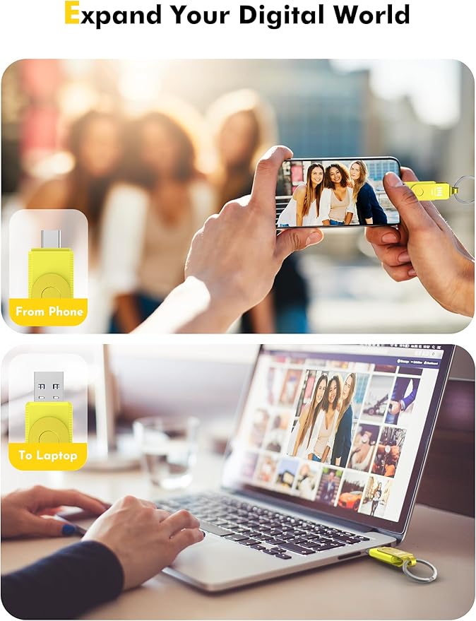 MOSDART 128GB USB3.1 Fast Speed C and A Dual Flash Drive, exFAT Memory Stick with Keychain and LED Indicator, for iPhone 15,16, 17, Android Phone, iPad, MacBook, and Other Laptops,Yellow