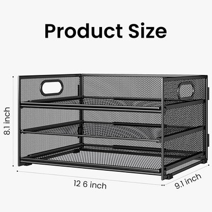 Subekyu 2-Pack 3-Tier Paper Letter Tray Organizer for Desk, Black Metal Mesh File Sorter Organizer with Handle and 1 PC Sliding Tray for Home Office School Desk Supplies Organization Storage