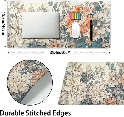 Japanese Aesthetic Floral Gaming Mouse Pad XXL Vintage Orange White Flowers Extended Large Mat Mousepad Desk Pad Non-Slip Rubber Base Stitched Edge Keyboard Pad Playmat for Computer,35.4×15.7 Inch