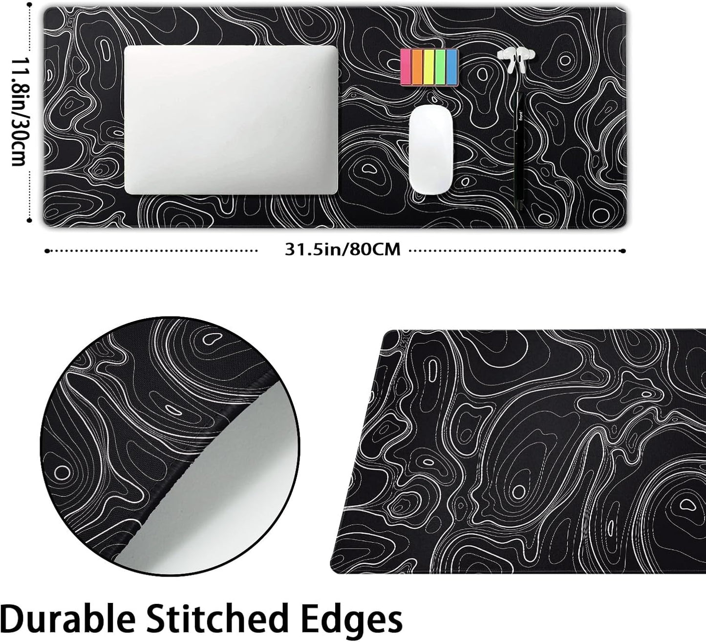 Topographic Map Black Gaming Mouse Pad XL Minimalist Topo Geographic White Lines Extended Large Mat Mousepad Desk Pad Non-Slip Rubber Base Stitched Edge Long Keyboard Pad for Computer,31.5×11.8 in