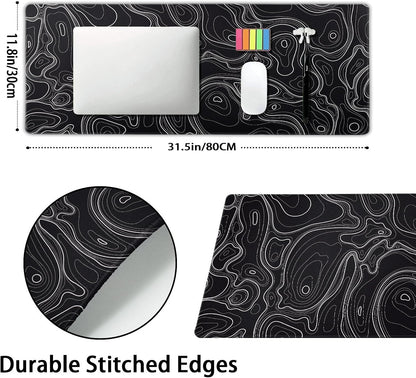 Topographic Map Black Gaming Mouse Pad XL Minimalist Topo Geographic White Lines Extended Large Mat Mousepad Desk Pad Non-Slip Rubber Base Stitched Edge Long Keyboard Pad for Computer,31.5×11.8 in