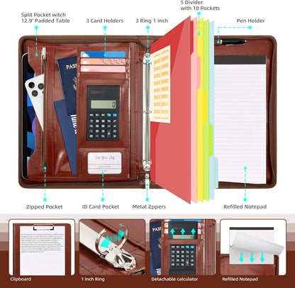 Ospelelf 3 Ring Binder Portfolio Folder with Zipper- Leather Padfolio with Clipboard Storage- Calculator, 12.1” Tablet Sleeve, 5 Dividers with Pocket, Refillable Notepad, Card Slot (Red Brown)