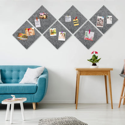 AKTOP Cork Bulletin Board 12x12, 1/2" Thick Felt Cork Board Tiles 6 Pack, Small Square Pin Board for Wall, Self Adhesive Corkboards with 60 Push Pin Wood Clips for School, Home & Office, Grey