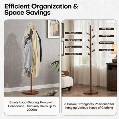 Wooden Coat Rack Freestanding - Heavy Duty Coat Tree Stand with 8 Bud-Shaped Hooks, Sturdy Round Base Coat Hanger for Entryway, Bedroom, Jackets & Clothes, 200lbs Capacity (Walnut)