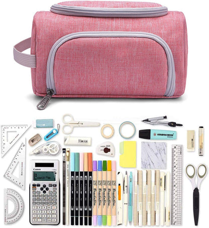 XQXA Extra Large Capacity Pencil Case Organizer, Multifunctional Pencil Pouch with Compartmens, Travel Simple Stationery Bag, Nylon Pencil Bag for Adults (Pink)