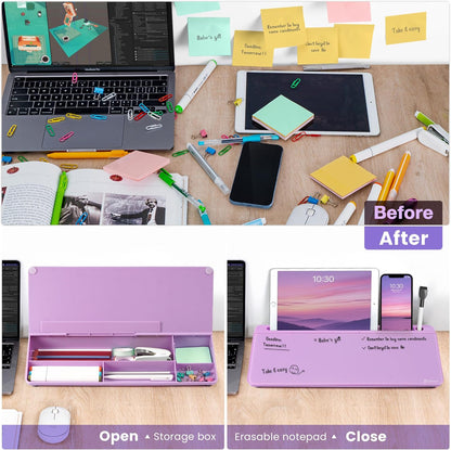 Varhomax Glass Desk Whiteboard with Storage, Desktop Organizer to-do List Memo Notepad Dry Erase White Board for Home Office and School Supplies (Purple)