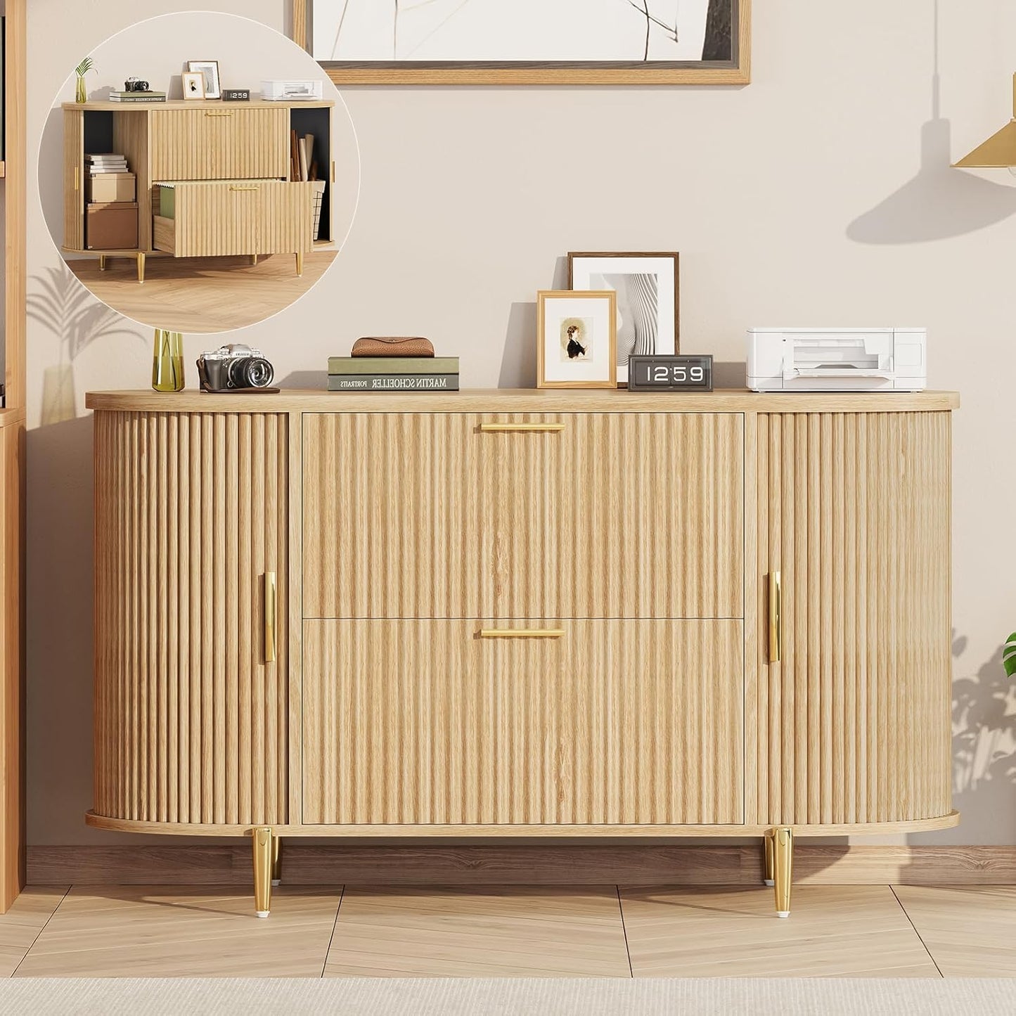 SEDETA 2 Drawer File Cabinet, 39.4" Filing Cabinet for Home Office, fit Legal/Letter/A4 Size, Modern Fluted Filing Cabinets with 2 Sliding Door Storage, Printer Stand, Natrual