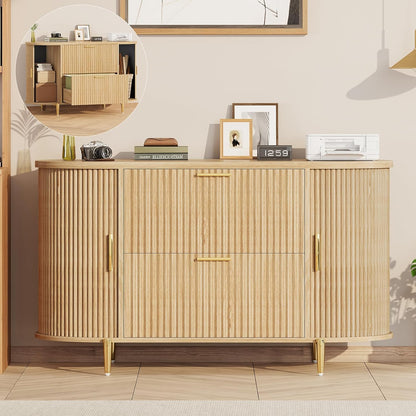 SEDETA 2 Drawer File Cabinet, 39.4" Filing Cabinet for Home Office, fit Legal/Letter/A4 Size, Modern Fluted Filing Cabinets with 2 Sliding Door Storage, Printer Stand, Natrual