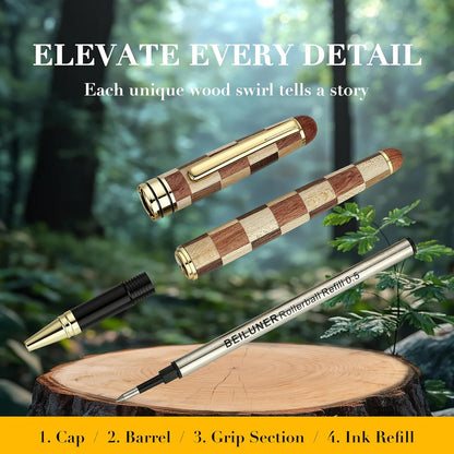 BEILUNER Luxury Wood Ballpoint Pen Writing Set, Chess Style - Elegant Fancy Nice Gift Pen Set for Signature Executive Business Office Supplies - Gift Boxed with Extra Refills (Black)