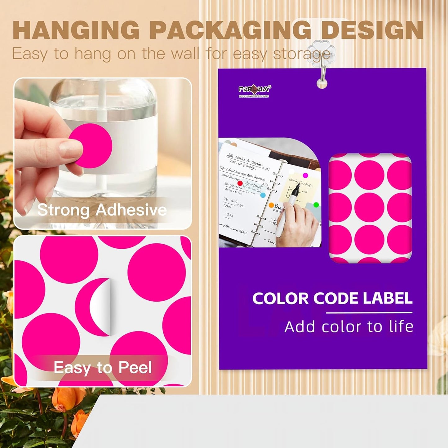 PARLAIM 1 inch Round Fluorescent Pink Dot Sticker,720PCS Permanent Adhesive Color Code Circle Sticker Labels for Office Classroom Garage Sale