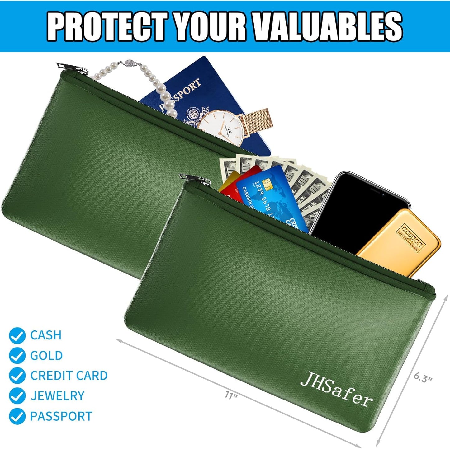 6400℉ Fireproof and Waterproof Money Bags 2pcs with Zipper,11''x6.3'' Fireproof Cash Bag with Zipper,Fireproof Wallet Envelope Safe Pouch Fireproof Bags for Cash Passports Keys Jewellery (Green)