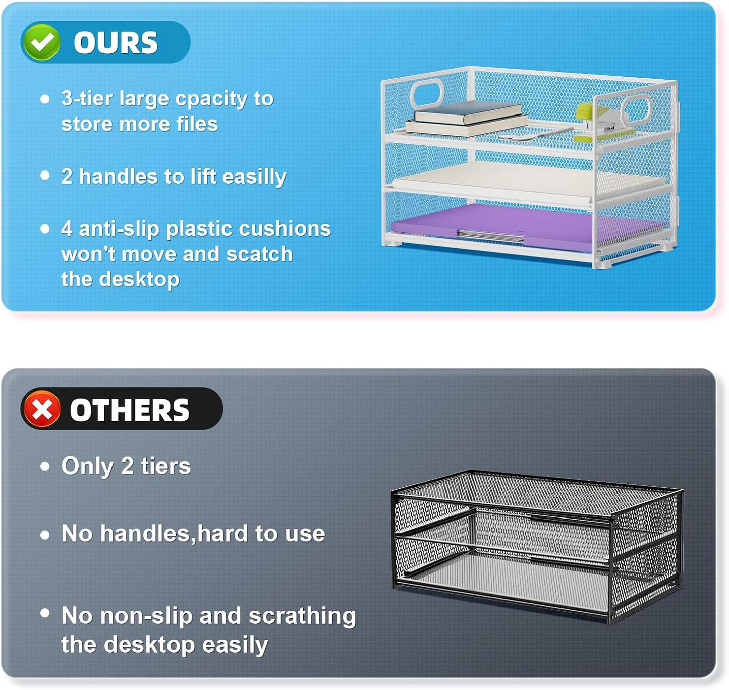 Marbrasse 3 Tier Paper Organizer Letter Tray, Mesh File Organizer with Handle, Paper Sorter Desk Organizer for Home Office Supplies - 2p Pink