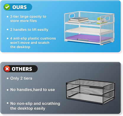 Marbrasse 3 Tier Paper Organizer Letter Tray, Mesh File Organizer with Handle, Paper Sorter Desk Organizer for Home Office Supplies(White)