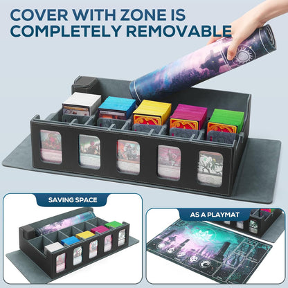 5-Row MTG Deck Box with Commander Display, Trading Card Storage Box for MTG TCG Sports Card，Card Deck Box with 1 Sieve box, 5 Toploaders, 5 Stoppers, 36 Colorful Dividers (Black & Grey)