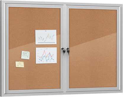 48"x34" Enclosed Bulletin Board, Outdoor Lockable Weather-Resistant Aluminum Cork Noticeboard for School & Office, Silver Frame w/Cork