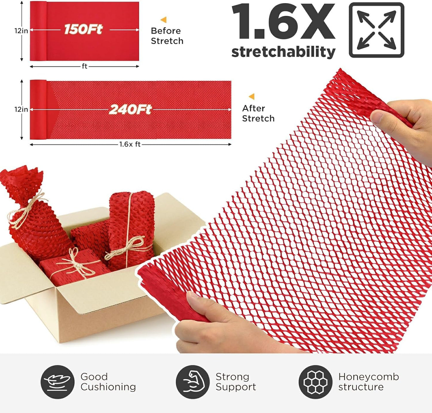 Honeycomb Packing Paper, 12"x150' Red | Perforated Honeycomb Packing Paper Recyclable Moving Supplies for Shipping & Moving | Plastic-Free Alternative to Bubble Cushion Wrap with 36 Fragile Stickers