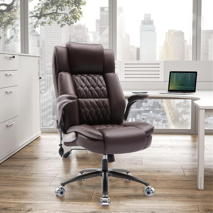 Large High Back Office Chair - Adjustable Lumbar Support Flip Up Arms Heavy Duty Quiet Wheels Metal Base Breathable Bonded Leather Ergonomic Executive Computer Desk Chair with Storage Bags, Brown