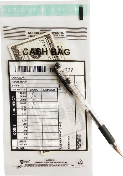 Clear Plastic Small Bank Deposit Bags For Cash | Pack of 1000 | 5"x9"|Tamper Evident Bags | Write-On Panel and Tear-Off Receipt | Ideal for Cash Handling