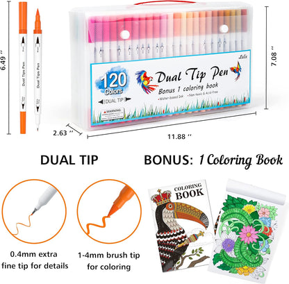 Lelix 120 Colors Dual Tips Brush Pens Art Markers with a Coloring Book, Brush and Fine Point Pens Fineliner for Adults Kids Coloring Books Calligraphy Journaling Lettering Drawing