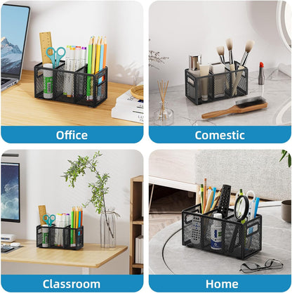 Marbrasse 2P Mesh Pen Holder for Desk,Pencil Holder Desk Organizer 3 Adjustable Compartments,Pencil Cup with Handle Perfect for Classroom, Office, Home,Makeup,Art (Black)