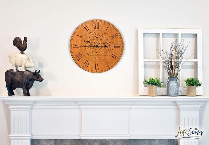 LifeSong Milestones Personalized 70th Anniversary Engraved Cherry Wall or Desktop Clock for Living Room Bedroom, Kitchen, Office, New Home, Couples Gift 12 Inch Diameter (Faith Hope Love)