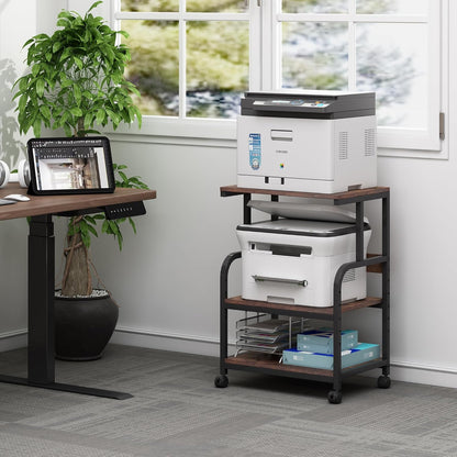 Printer Table Stand with Height Adjustable Shelf, 3 Tier Rolling Printer Cart with Wheels for Home Office Storage and Organization, Industrial Style
