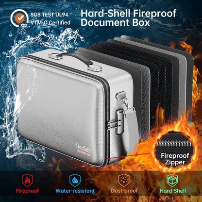 DocSafe Fireproof Document Box with Lock＆Shoulder Strap,Hard Case File Organizer with Accordion File Folder,Multi-Layer Portable Home Office Travel Safe Storage for Important Documents Laptop Silver