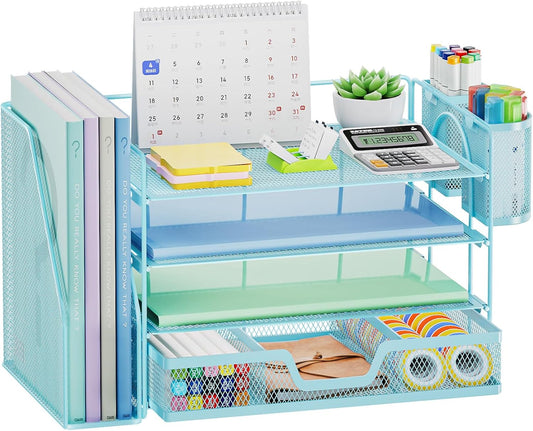 Marbrasse Desk Organizer and Accessories，4-Tier Paper Letter Tray Organizer with File Holder, Desk Accessories & Workspace Organizers with Drawer and 2 Pen Holder (Blue, 15.4" x 9.1" x 8.3")