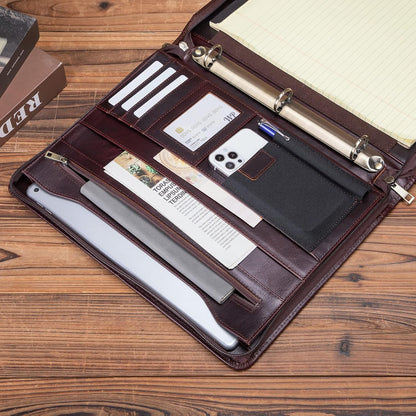 Genuine Leather Portfolio with 3 Ring Binder, Full Grain Leather Padfolio Zippered, A4 Notebook Holder Laptop Sleeve Professional Folder Organizer Gift for Men and Women, Dark Brown, Oil Tanned