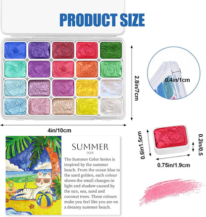 Mini Glitter Watercolor Paint Set, 20 Colors Shimmer Metallic Watercolour Painting Sets, Solid Pearl Water Color Paints for Kids, Adult, 1ml Trial Pack(Summer)