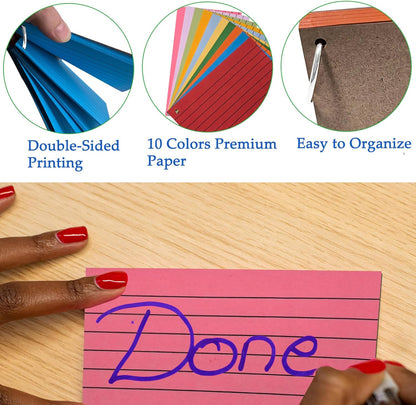 500Pcs Index Cards with 10 Rings, 3 x 5 Inches Ruled Index Cards, Colored Index Flash Cards, Lined on Both Side Colored Notecards for Study, Learning, Memory, Recipe (10 Colors)
