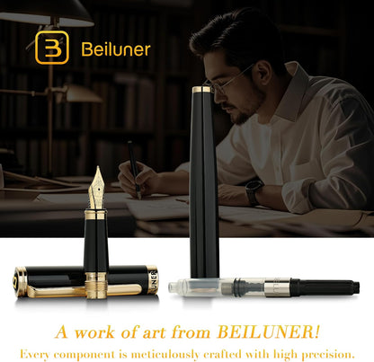 BEILUNER Black Fountain Pen,Stunning Luxury Pens with 24K Gold Accents, Gorgeous 24K Gilded Nib(Fine), Trustworthy Pen Gift for Men&Women -Ink Converter-Elegant, Reliable,Fancy Pen for Writing