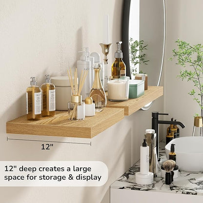 Fun Memories Floating Shelves - 2 Pack 12 Inch Rustic Wooden Wall Shelves - Extra Deeper & Thicker Wall Mounted Storage Shelf for Living Room, Kitchen, Farmhouse - 16" W x 12" D x 1.5" H - Oak